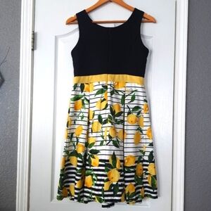 Chetta B Lemon Print Striped Dress Womens 4 Black Yellow White Sleeveless Pleats